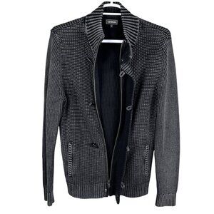 Vintage Express Mens L Black Gray Ribbed Knit Jacket Heavyweight Sweater Preppy